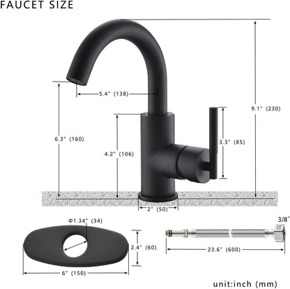 Matte Black Single Handle Bar Sink Faucet, Swivel Spout One Hole Bathroom Sink F