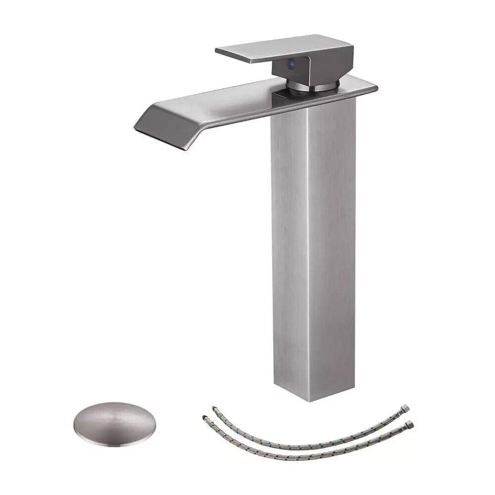 BWE Vessel Sink Faucet 1-Handle High Arc Waterfall w/Pop-Up Drain Brushed Nickel