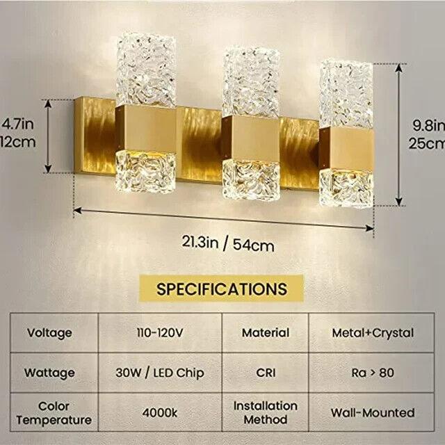 KAISITE 4000K LED Crystal Wall Sconces 3-Light Gold Vanity Lights