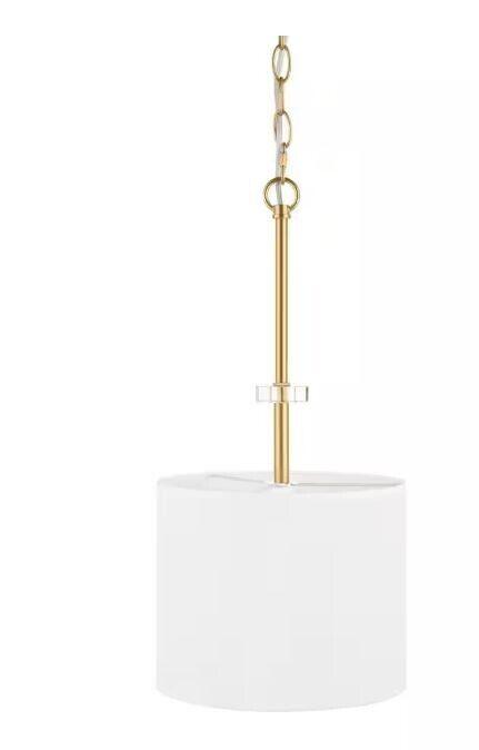 Home Decorators Collection Dawson 1-Light Aged Brass Pendant with White Fabric