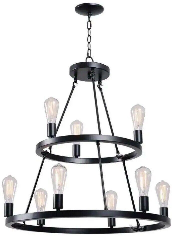 Hampton Bay Chandelier Iron Wagon Wheel Dimmable Hardwired 9-Light Black 2-Tier - Like New