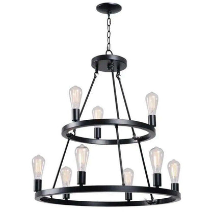 Hampton Bay Chandelier Iron Wagon Wheel Dimmable Hardwired 9-Light Black 2-Tier - Like New