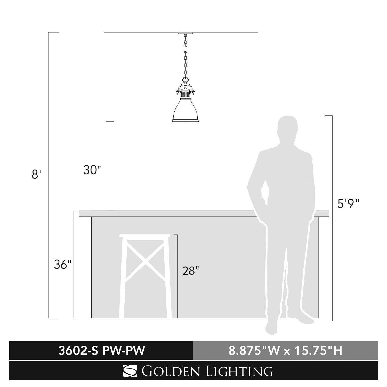 Golden Lighting 3602-S PW-SF Duncan Pendant, Pewter with Seafoam Shade - Like New