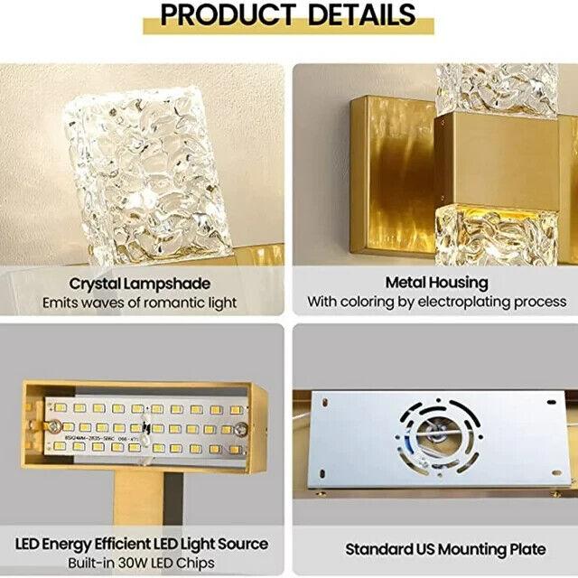 KAISITE 4000K LED Crystal Wall Sconces 3-Light Gold Vanity Lights