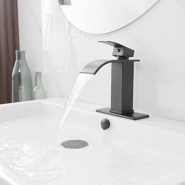 BWE Waterfall Single Handle Single Hole Low-Arc Bathroom Faucet in Matte Black