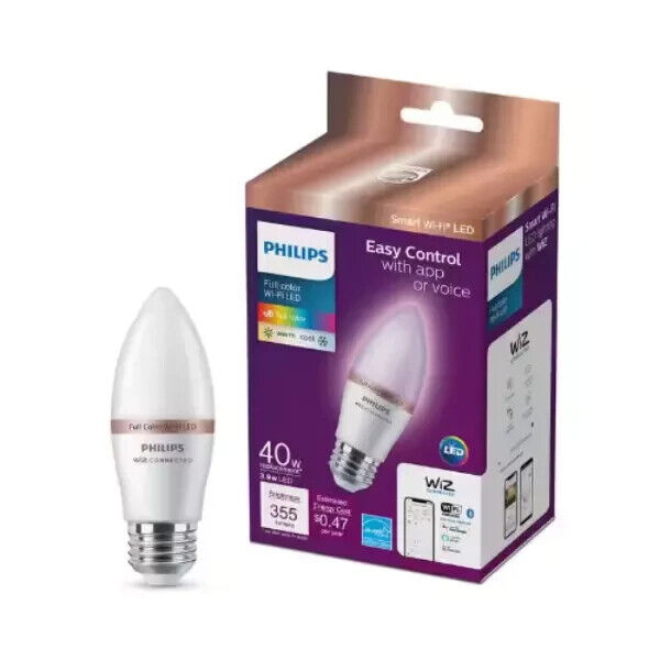 Philips WiZ Smart Light Bulb Color Changing LED B11 E26 Medium Base WIFI 40W - Like New
