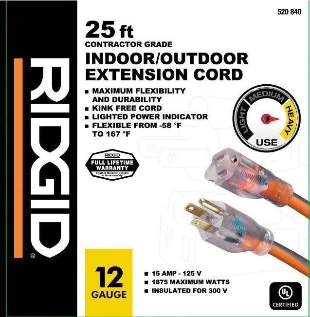 RIDGID 25 ft. 12/3 Heavy Duty Indoor/Outdoor Extension Cord with Lighted End - Like New