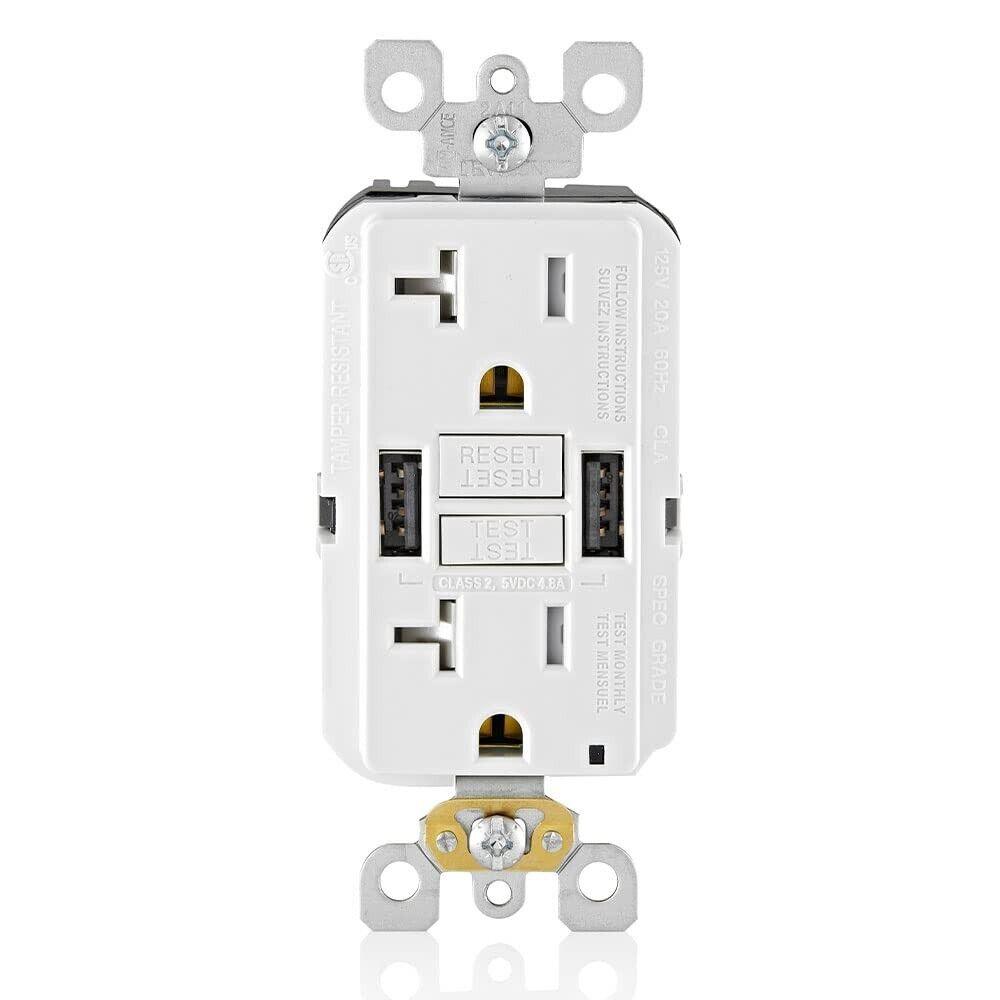 Leviton GUSB2-W 20A SmartlockPro GFCI Combination Type A USB In-Wall Charger