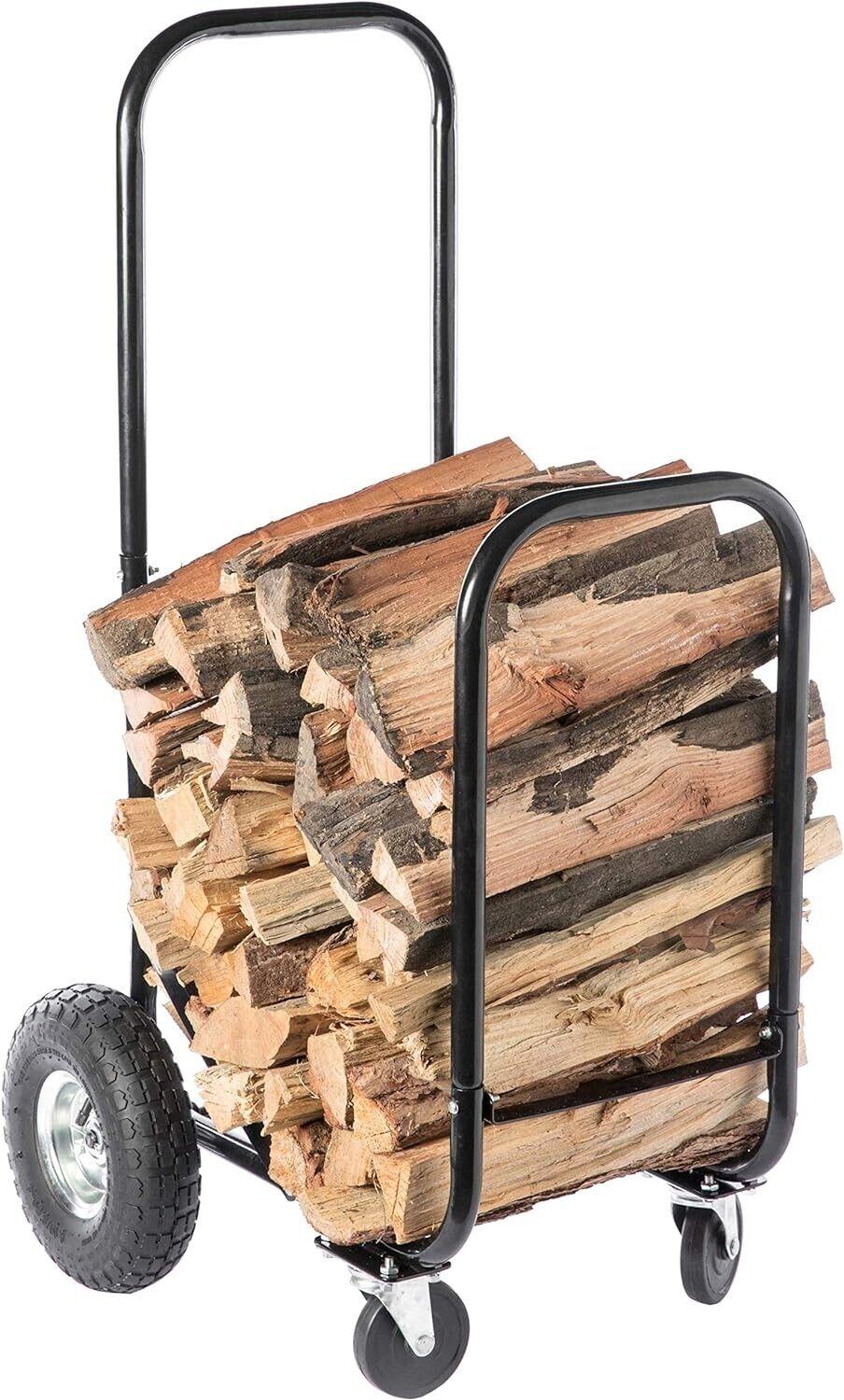 Gardenised Black Firewood Rack Outdoor Indoor, Heavy Duty Firewood Carrier Wood