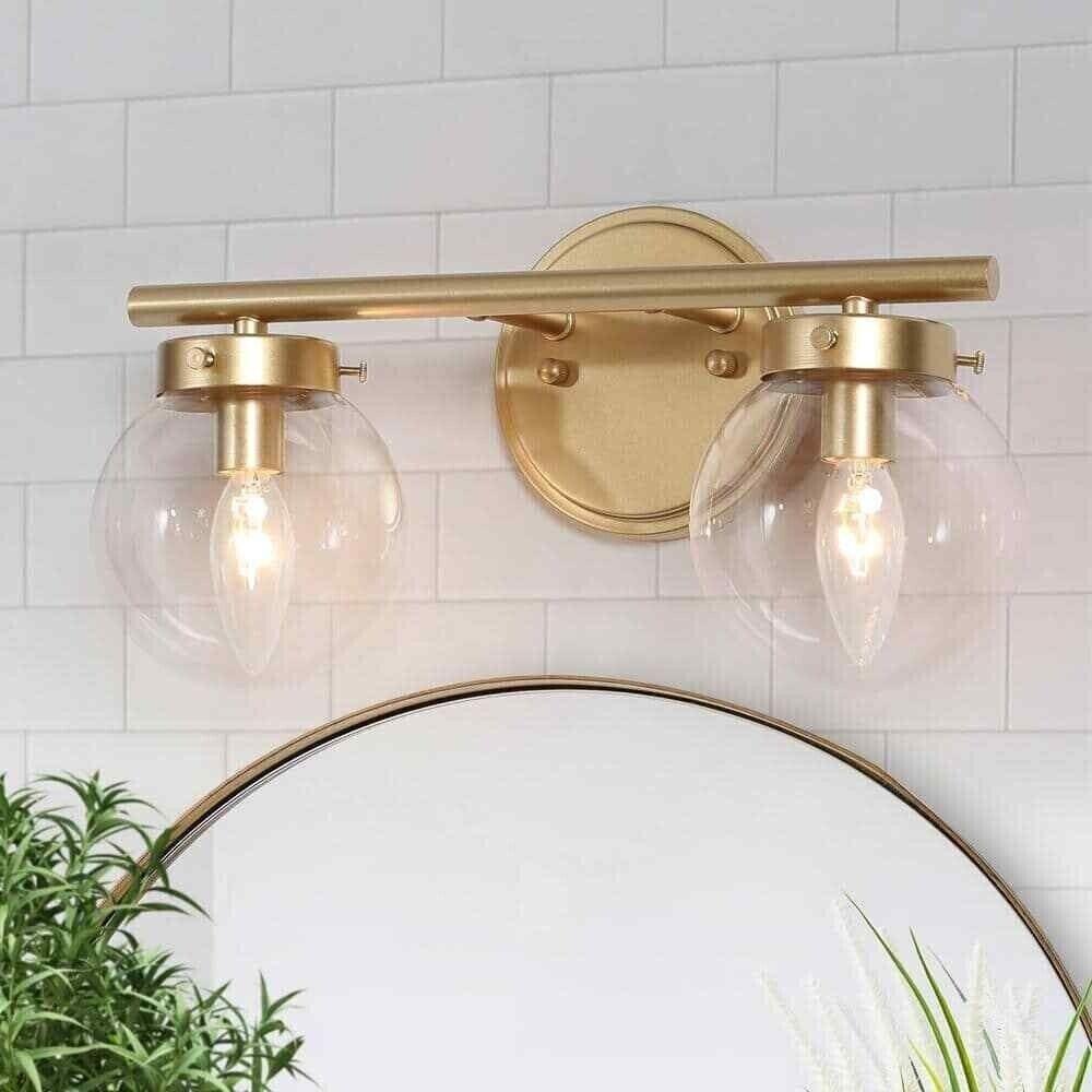 KSANA Bathroom Light Fixtures, 2-Light Gold Vanity Lights with Clear Globe Glass - Like New