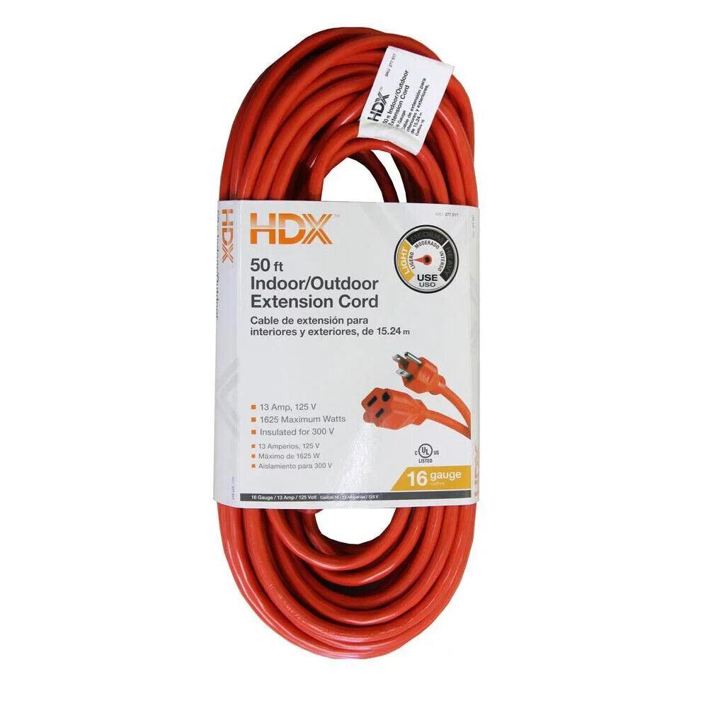 HDX Indoor Outdoor Extension Cord 50 ft 16/3 Light Duty Orange 3-Prong Plug