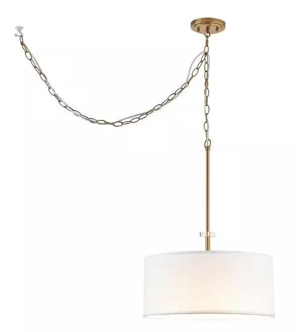 Home Decorators Collection Dawson 1-Light Aged Brass Pendant with White Fabric