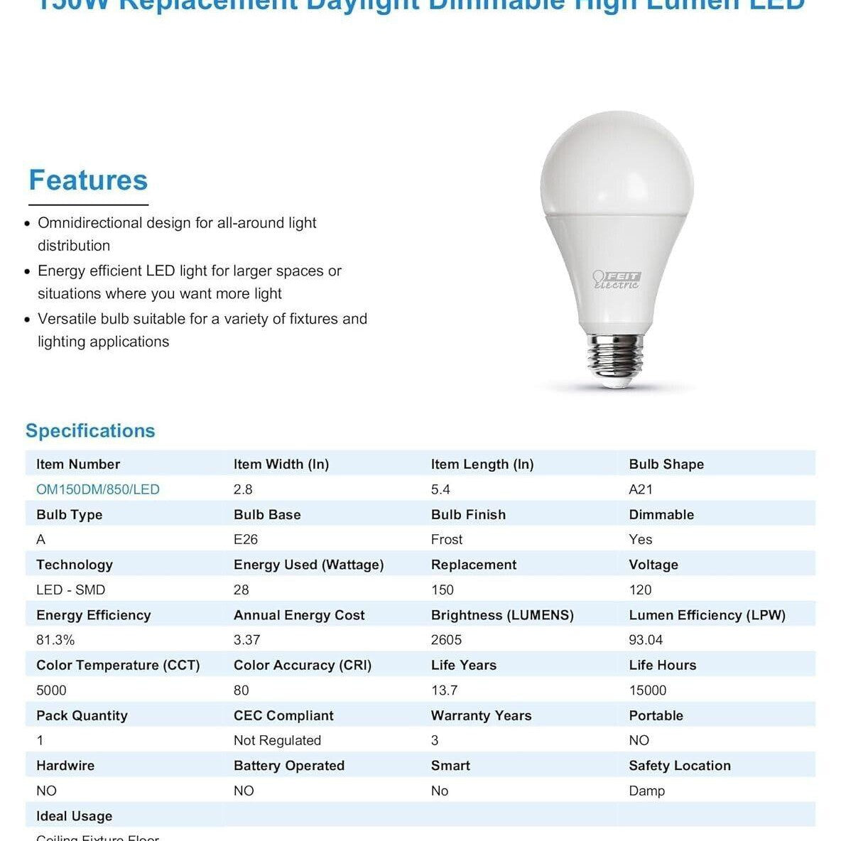 Feit Enhance A21 E26 (Medium) LED Bulb Daylight 150 Watt Equivalence 1 pk