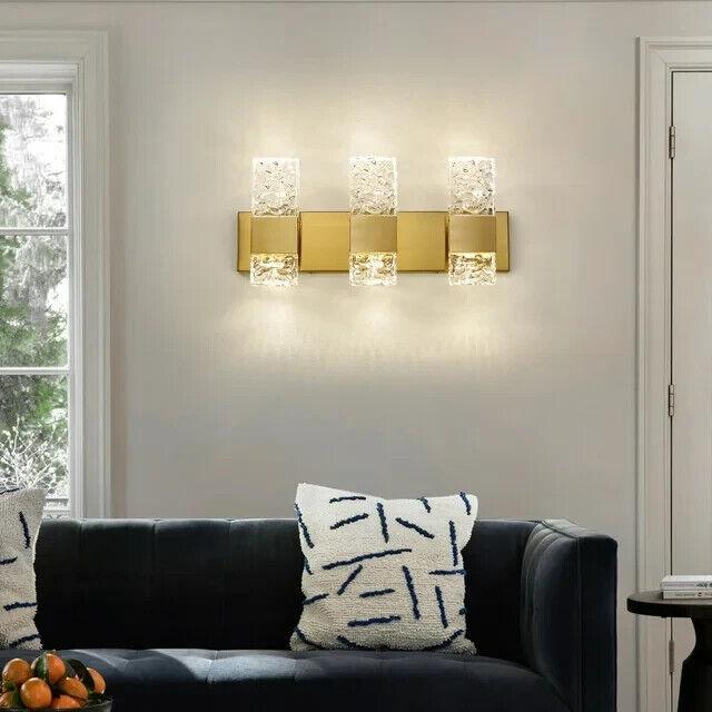 KAISITE 4000K LED Crystal Wall Sconces 3-Light Gold Vanity Lights