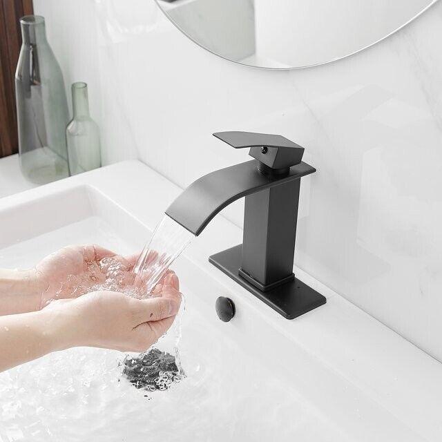 BWE Waterfall Single Handle Single Hole Low-Arc Bathroom Faucet in Matte Black