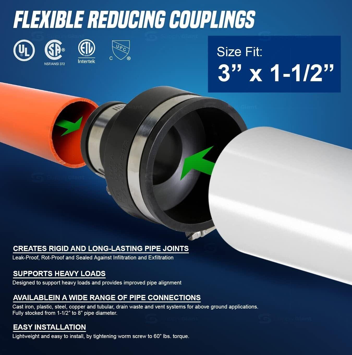 Flexible PVC Reducing Coupling, 3.5&quot; x 1.9&quot; Inner Diameter for 3&quot; x 1.5&quot; Nominal