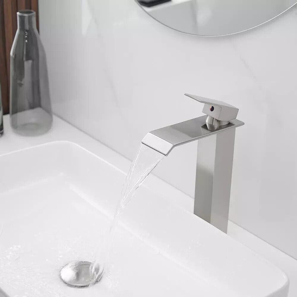 BWE Vessel Sink Faucet 1-Handle High Arc Waterfall w/Pop-Up Drain Brushed Nickel