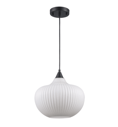 Home Decorators Pompton 1-Light Black Pendant Light Ribbed White Glass New - Like New