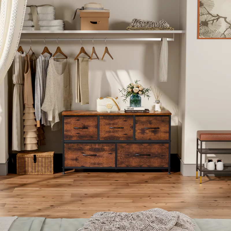 5-Drawer Fabric Dresser – Storage Tower with Wooden Top, Steel Frame, and Easy-Pull Bins for Living Room, Closet, and Nursery