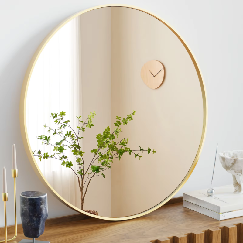 Large Round Vanity Mirror, Matte Metal Frame, Modern Glass, Bedroom, Living Room