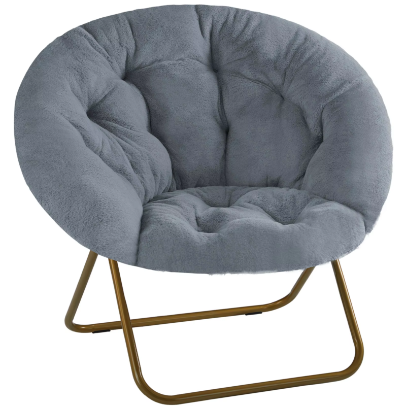 Large Cozy Faux Fur Saucer Chair, Folding, Padded Seat, Metal Frame for Lounge