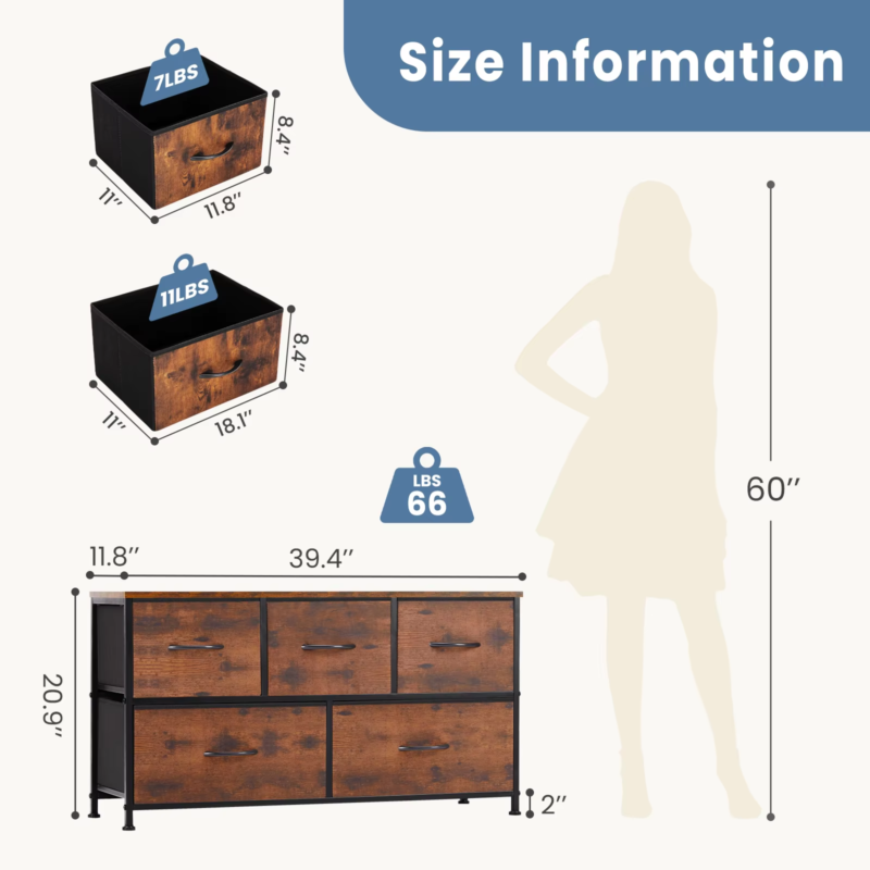 5-Drawer Fabric Dresser – Storage Tower with Wooden Top, Steel Frame, and Easy-Pull Bins for Living Room, Closet, and Nursery