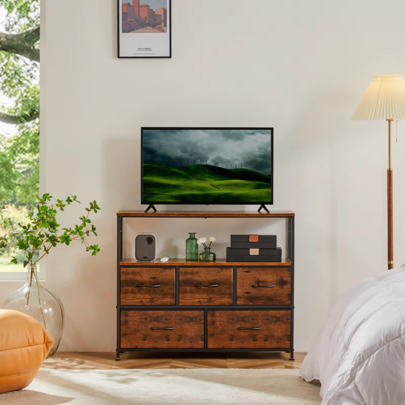 Fireplace TV Stand Dresser for Bedroom With 5 Fabric Drawers, Storage Cabinet