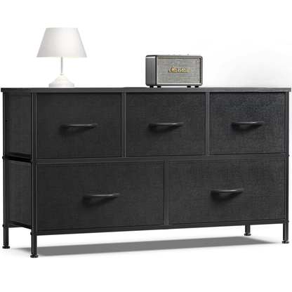 5-Drawer Fabric Dresser – Storage Tower with Wooden Top, Steel Frame, and Easy-Pull Bins for Living Room, Closet, and Nursery