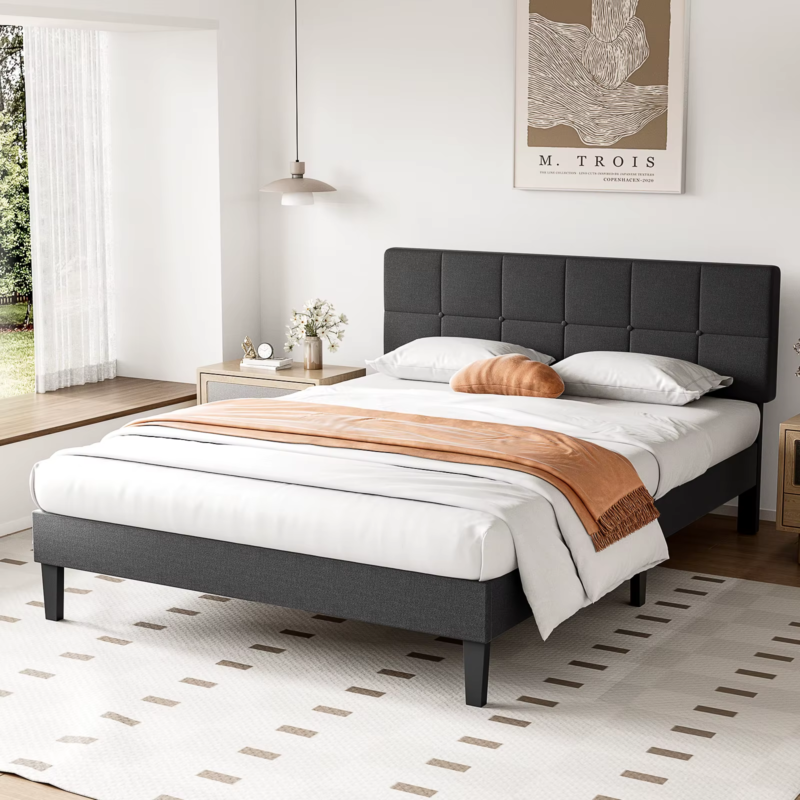 Bed Frame with Headboard, Upholstered Platform, Wood Slats, No Box Spring Needed
