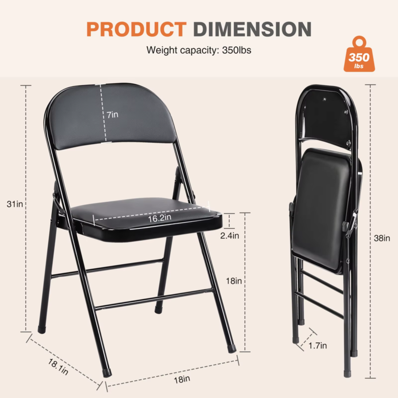 Leather Padded Folding Chairs, Sturdy Metal, Indoor Outdoor, Home Office, 2 Pack