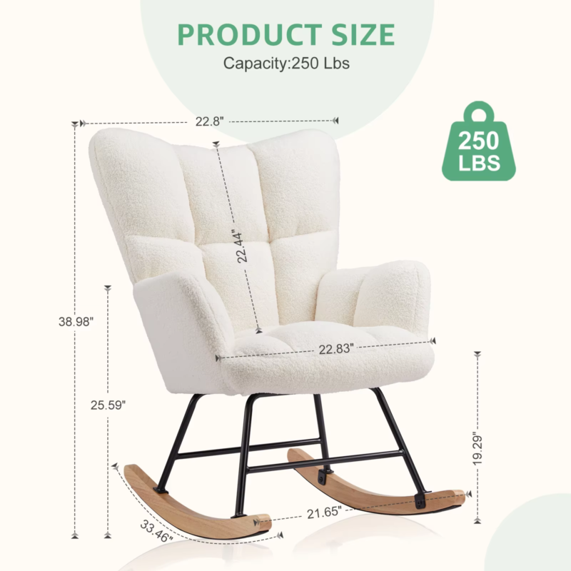 Teddy Fabric Upholstered Glider, High Backrest, Padded Seat, Rocker Armchair