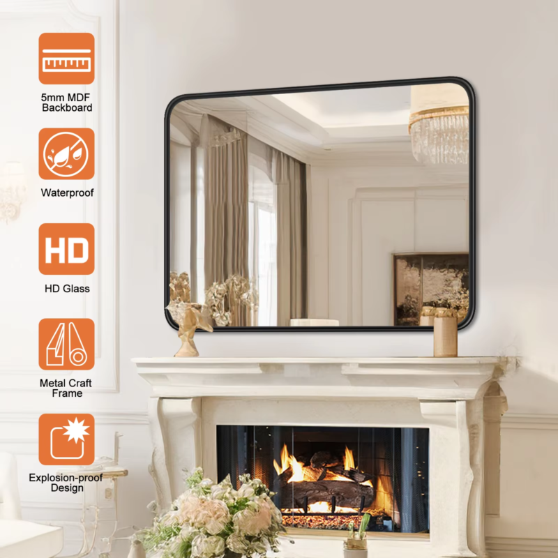 Matte Framed Bathroom Mirror, Vanity, Rectangle, Rounded Corner, Tempered Glass