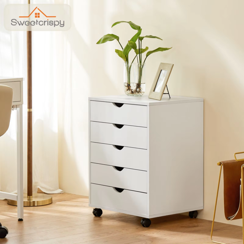 5-Drawer Wood Nightstand Cabinet, Storage File Organizer with Rotating Wheels
