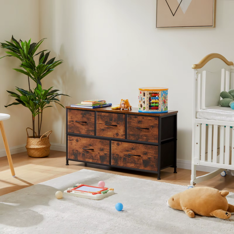 5-Drawer Fabric Dresser – Storage Tower with Wooden Top, Steel Frame, and Easy-Pull Bins for Living Room, Closet, and Nursery