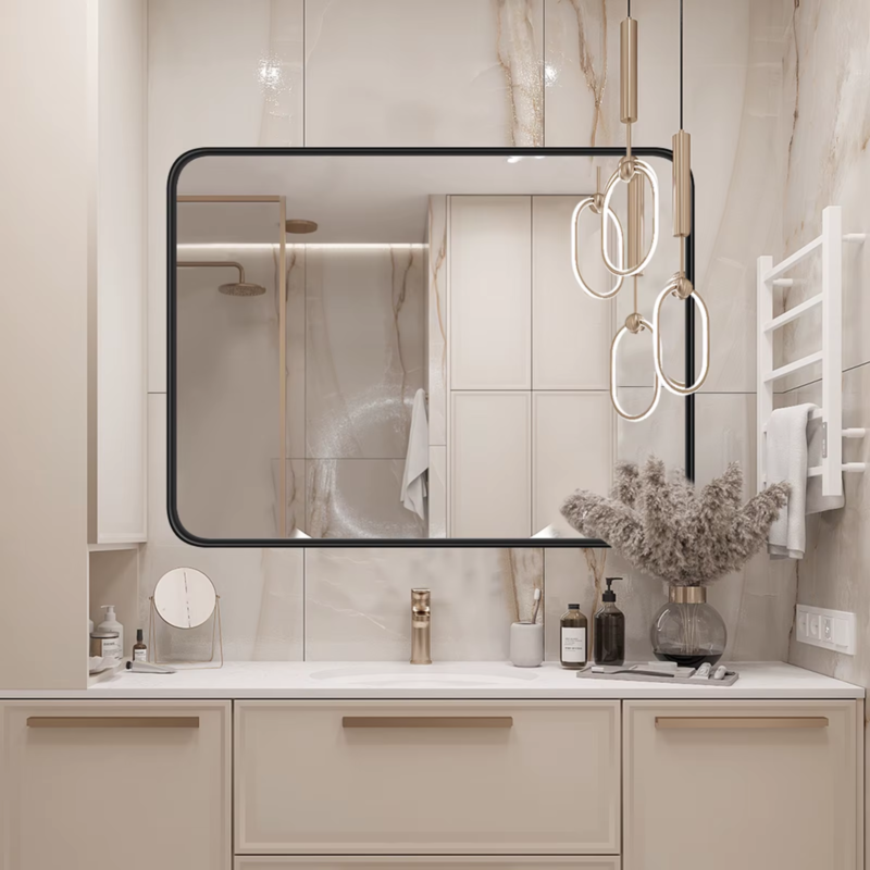 Matte Framed Bathroom Mirror, Vanity, Rectangle, Rounded Corner, Tempered Glass