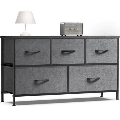 5-Drawer Fabric Dresser – Storage Tower with Wooden Top, Steel Frame, and Easy-Pull Bins for Living Room, Closet, and Nursery