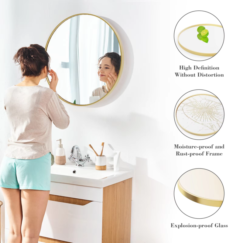 Large Round Vanity Mirror, Matte Metal Frame, Modern Glass, Bedroom, Living Room