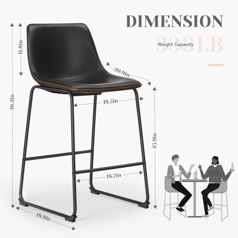 Set of 2 PU Leather Bar Stools, Counter Height, Comfortable Sponge Cushion