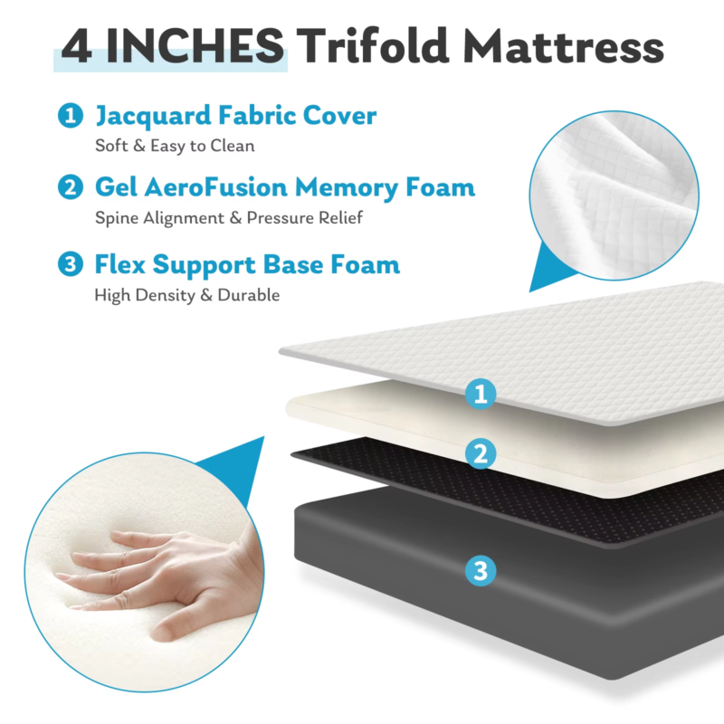 Three Fold Portable Floor Bed, CertiPUR-US Certified, Travel, Camping, Yoga