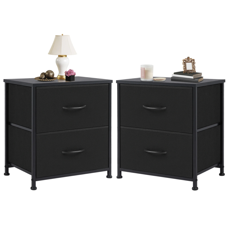 2 Drawers Dresser Beside Table with Metal Frame and Wood Top, Storage Cabinet for Living Room