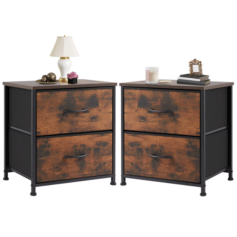 2 Drawers Dresser Beside Table with Metal Frame and Wood Top, Storage Cabinet for Living Room