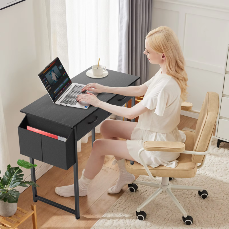 32 Inch Modern Office Desk, Fabric Storage Drawers, Metal Frame, Adjustable Feet