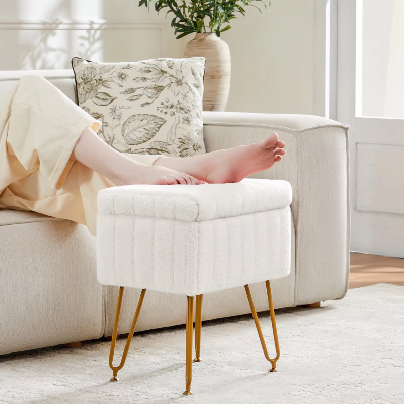 Faux Fur Living Room Stools & Ottomans, Hidden Storage, Padded, Adjustable Feet