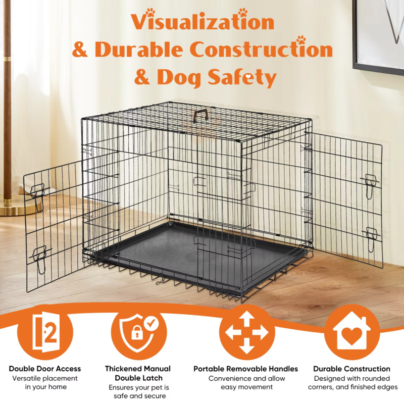 Double Door Metal Wire Dog Cage, Leak-Proof Tray, XL Kennel for Indoor &amp; Outdoor