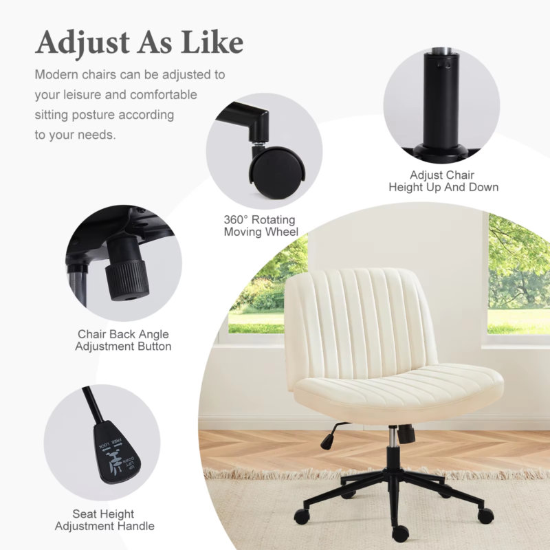 Armless Cross Office Chair with Wheels, PU Leather, Swivel, Adjustable Height