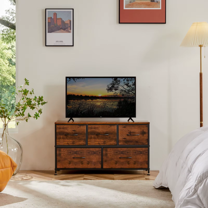 5-Drawer Fabric Dresser – Storage Tower with Wooden Top, Steel Frame, and Easy-Pull Bins for Living Room, Closet, and Nursery