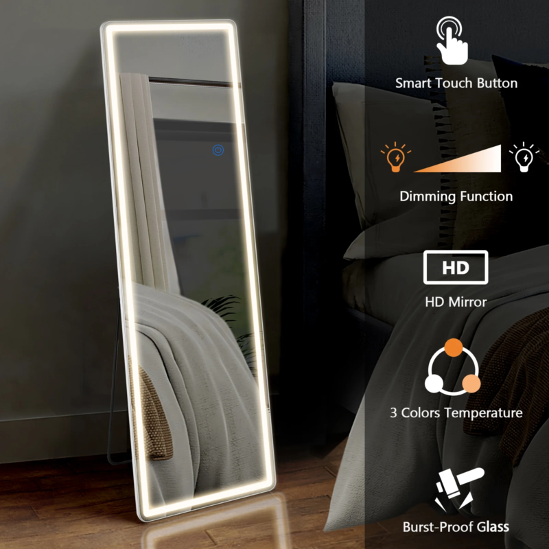 LED Full-Length Mirror, Standing, Hanging, Wall-Mounted, Aluminum Frame, 64" x 21"