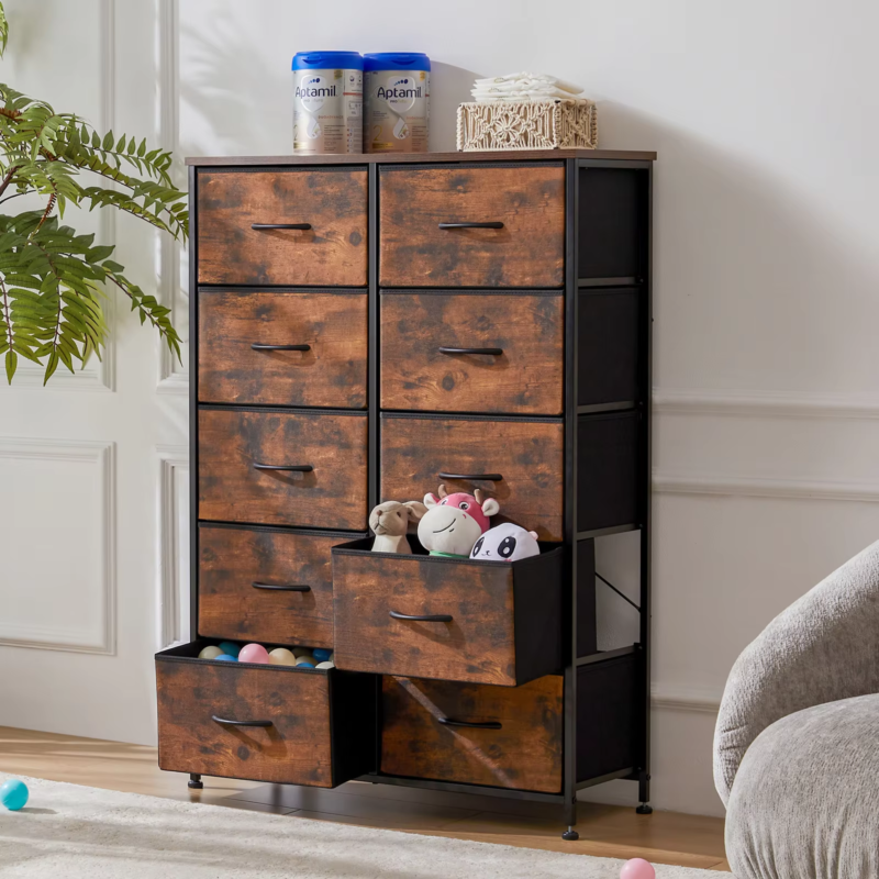 10 Fabric Drawers, Bedside Table, Steel Frame Closet, Storage Cabinet, Furniture