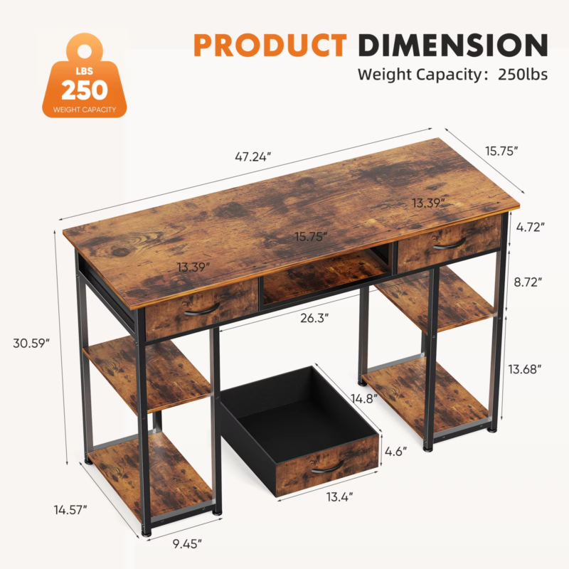48 Inch Double Deck Shelving Office Desk with Pull-Out Drawers and Adjustable Feet