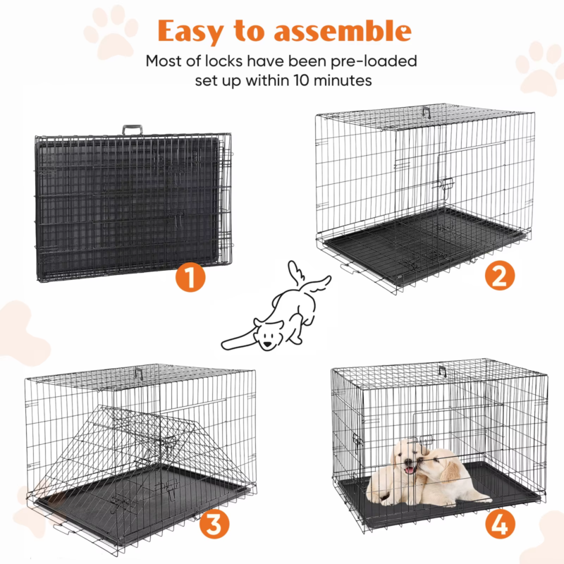 Double Door Metal Wire Dog Cage, Leak-Proof Tray, XL Kennel for Indoor &amp; Outdoor